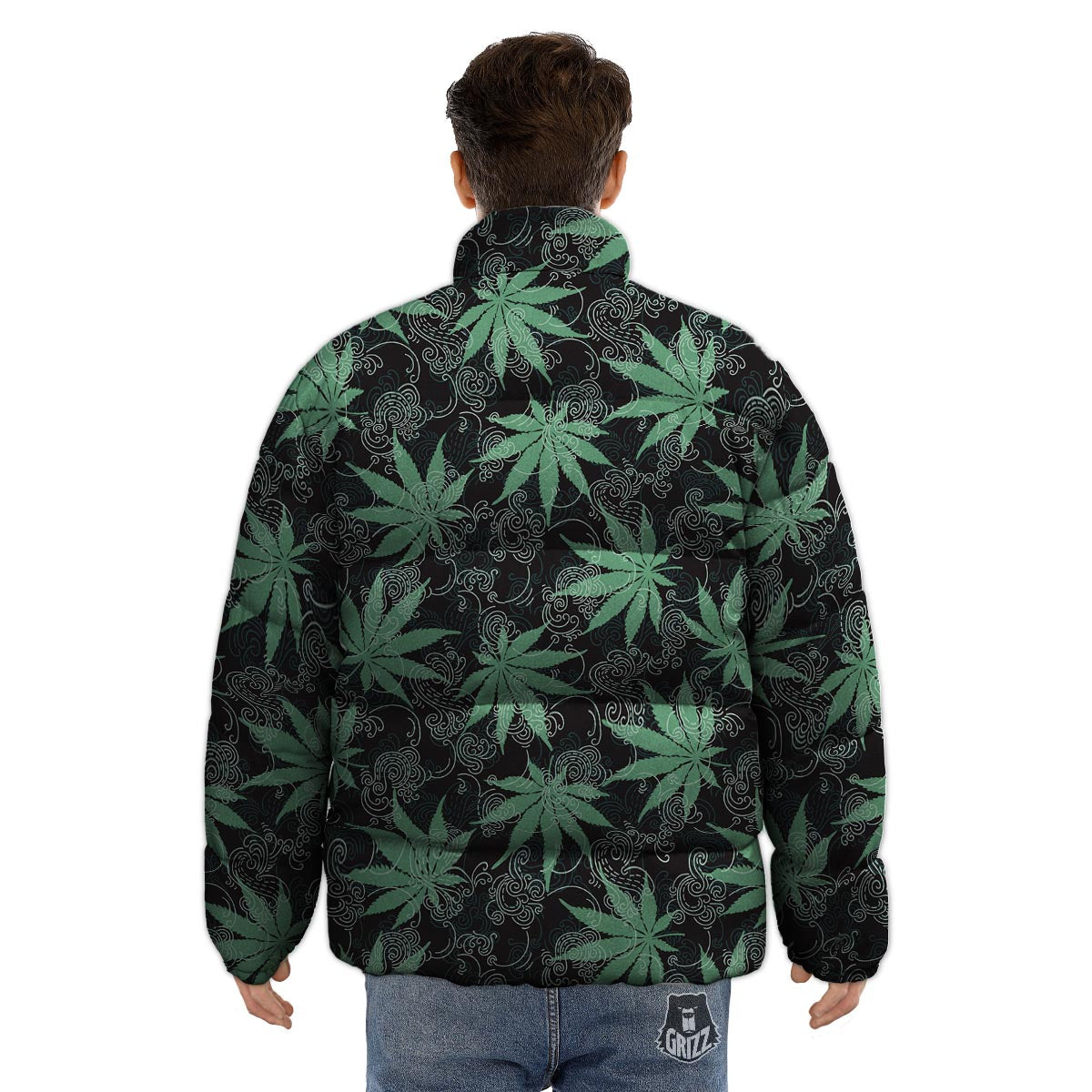 Leaf Swirl Cannabis Print Pattern Puffer Jacket-grizzshop