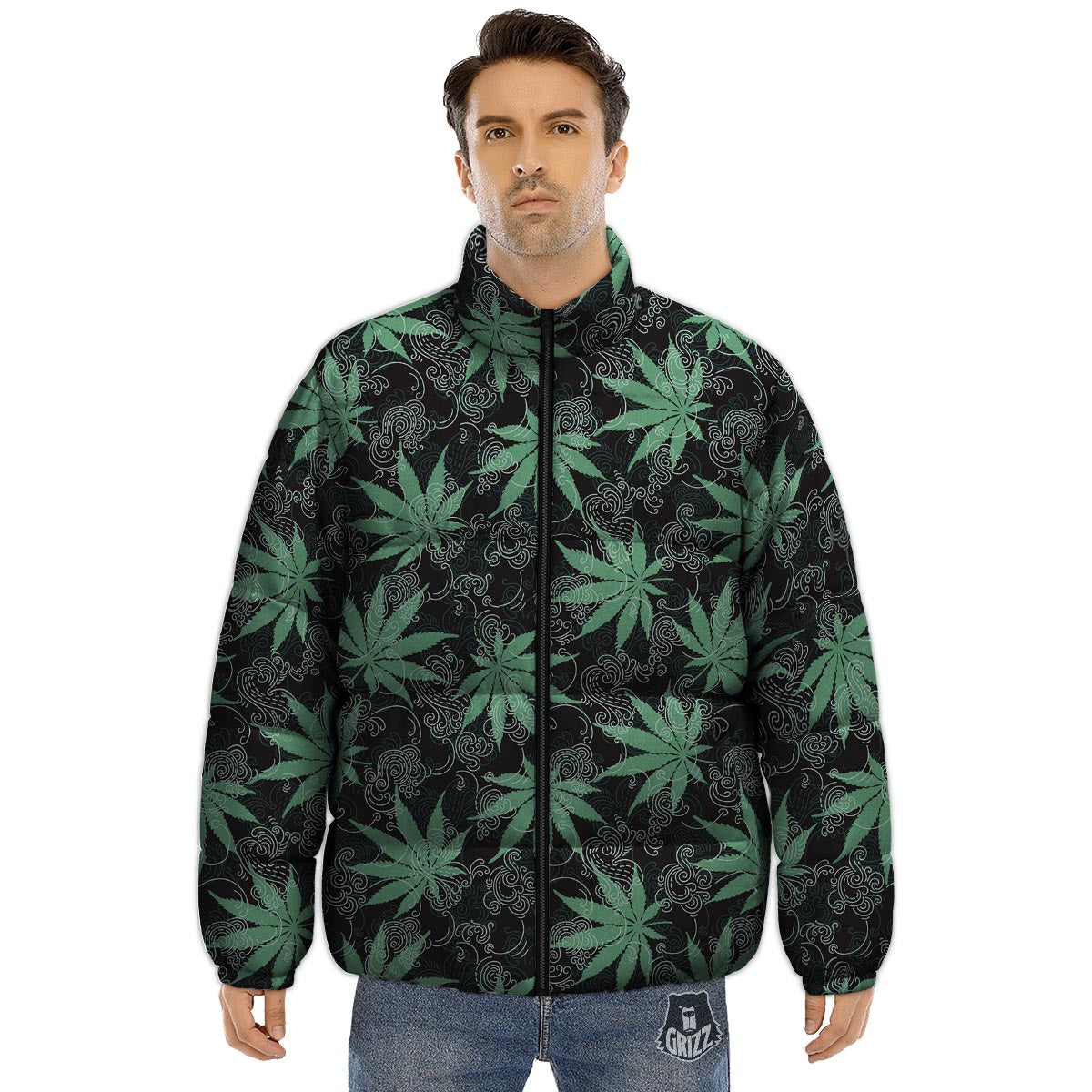 Leaf Swirl Cannabis Print Pattern Puffer Jacket-grizzshop