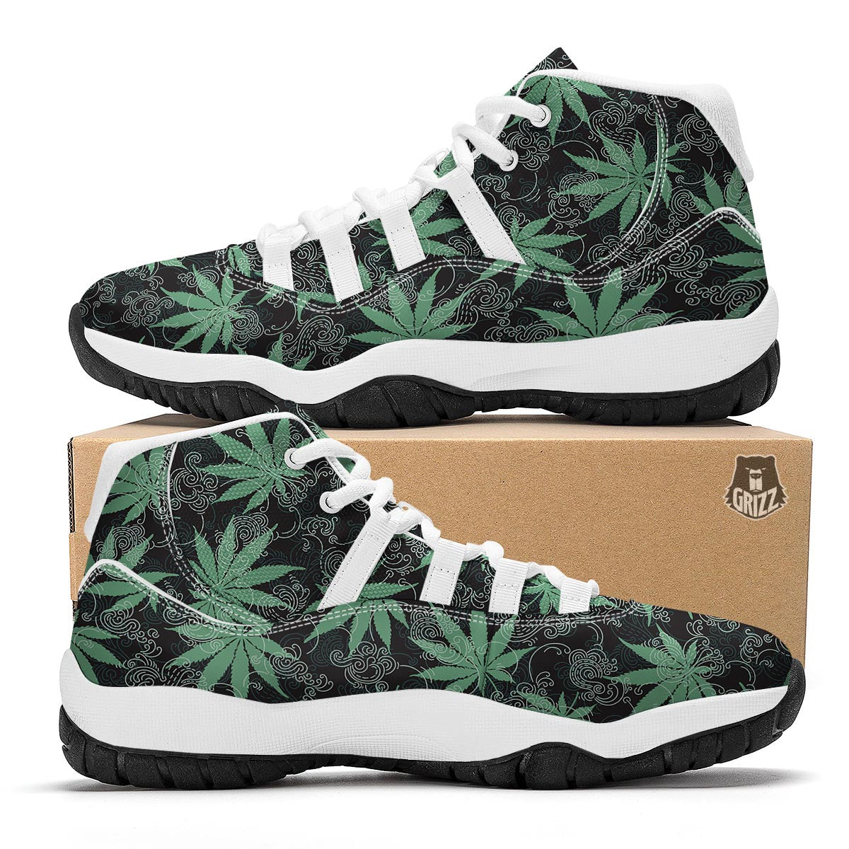 Leaf Swirl Cannabis Print Pattern White Bball Shoes-grizzshop