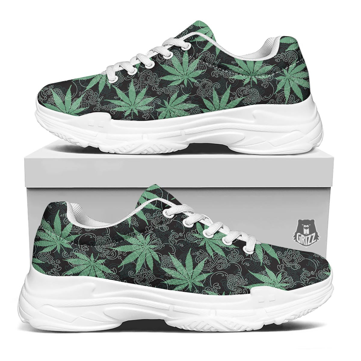 Leaf Swirl Cannabis Print Pattern White Chunky Shoes-grizzshop