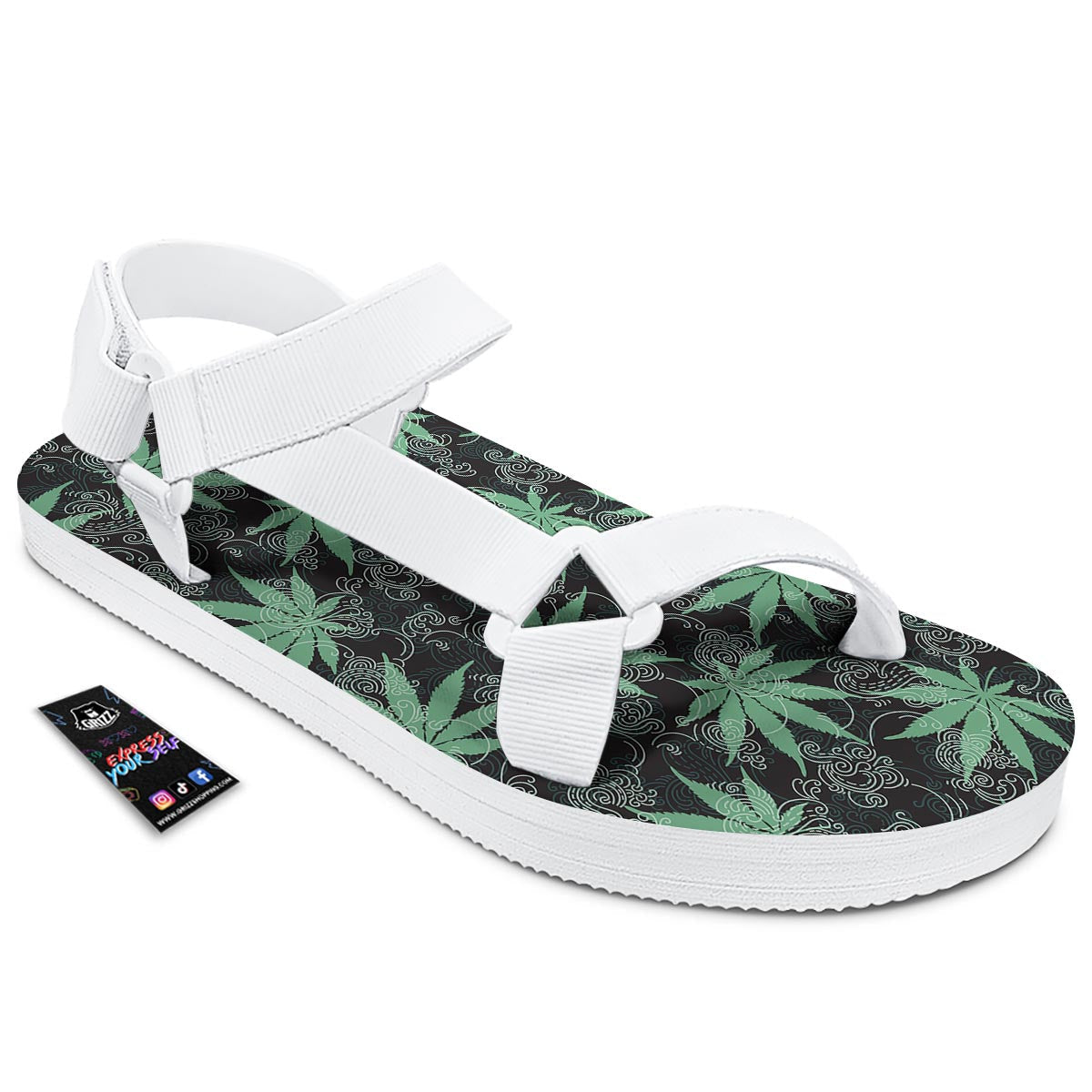 Leaf Swirl Cannabis Print Pattern White Open Toe Sandals-grizzshop