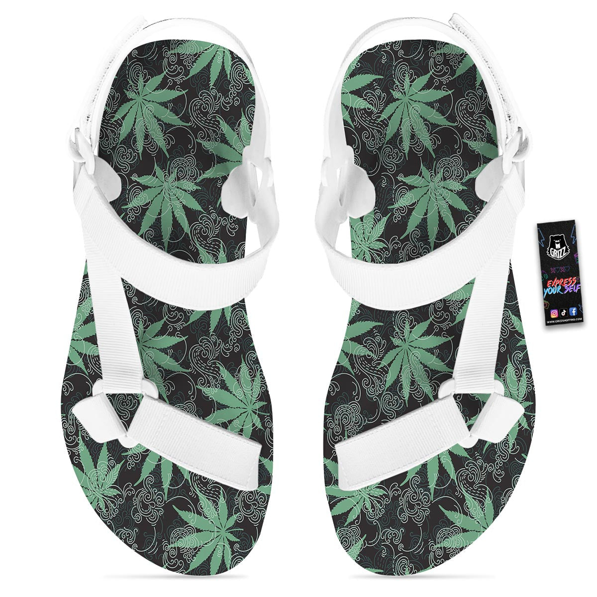 Leaf Swirl Cannabis Print Pattern White Open Toe Sandals-grizzshop