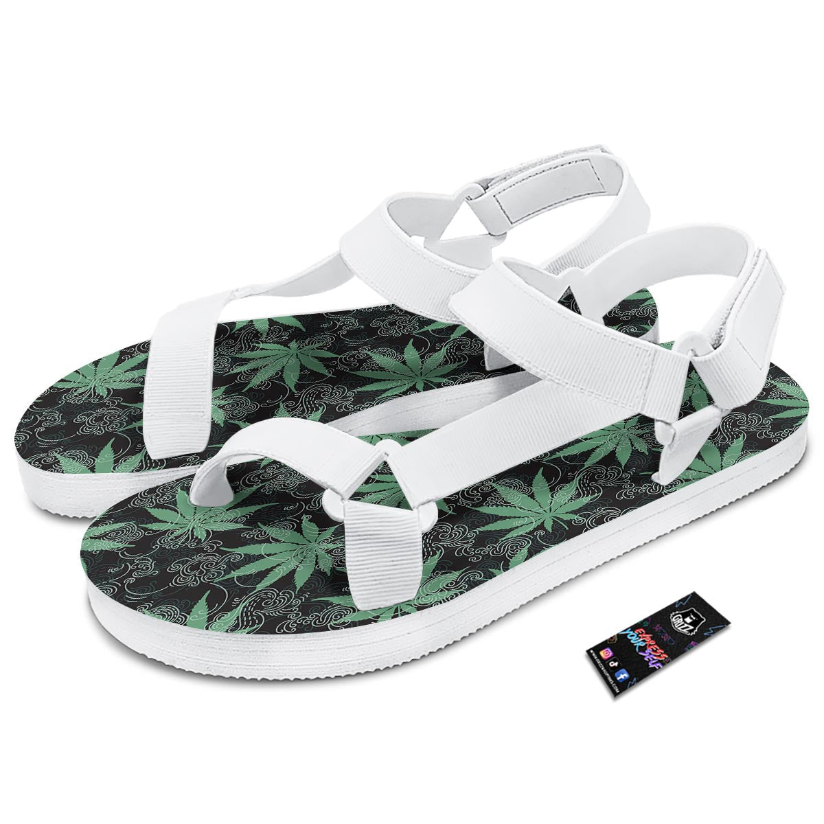 Leaf Swirl Cannabis Print Pattern White Open Toe Sandals-grizzshop