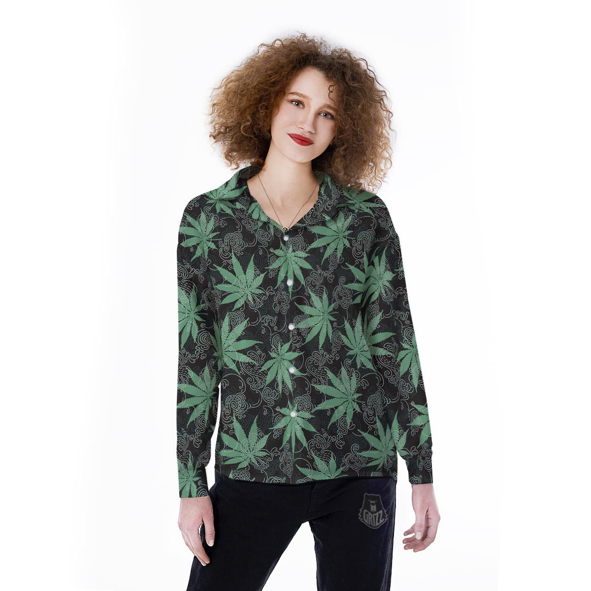 Leaf Swirl Cannabis Print Pattern Women's Long Sleeve Shirts-grizzshop
