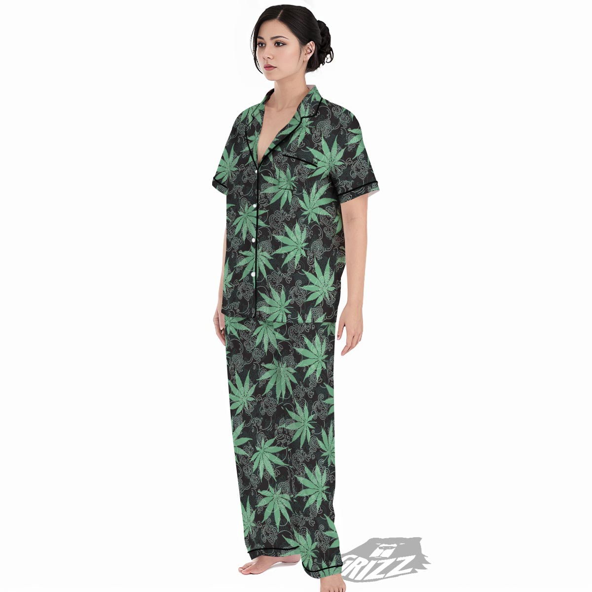 Leaf Swirl Cannabis Print Pattern Women's Pajamas Set-grizzshop