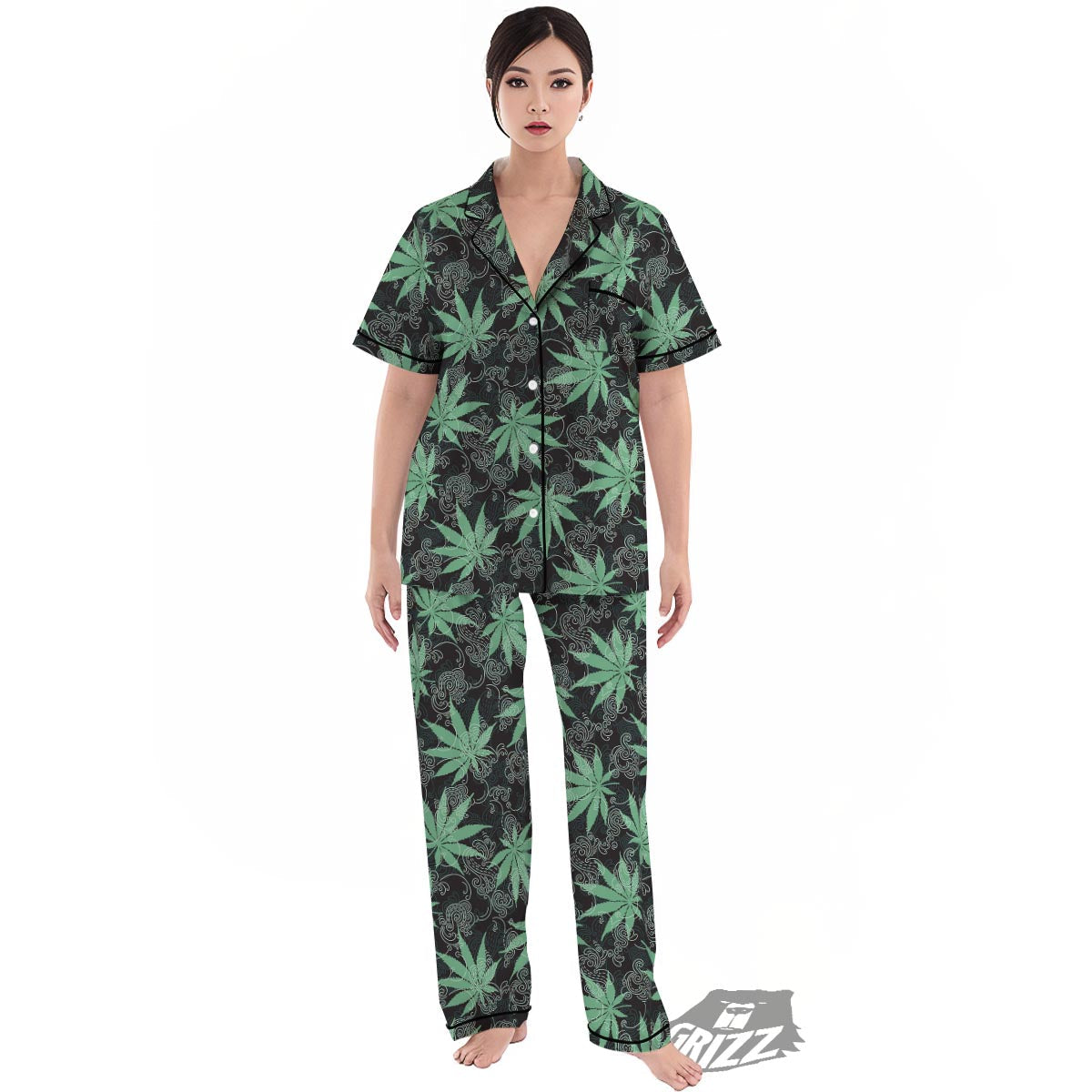 Leaf Swirl Cannabis Print Pattern Women's Pajamas Set-grizzshop