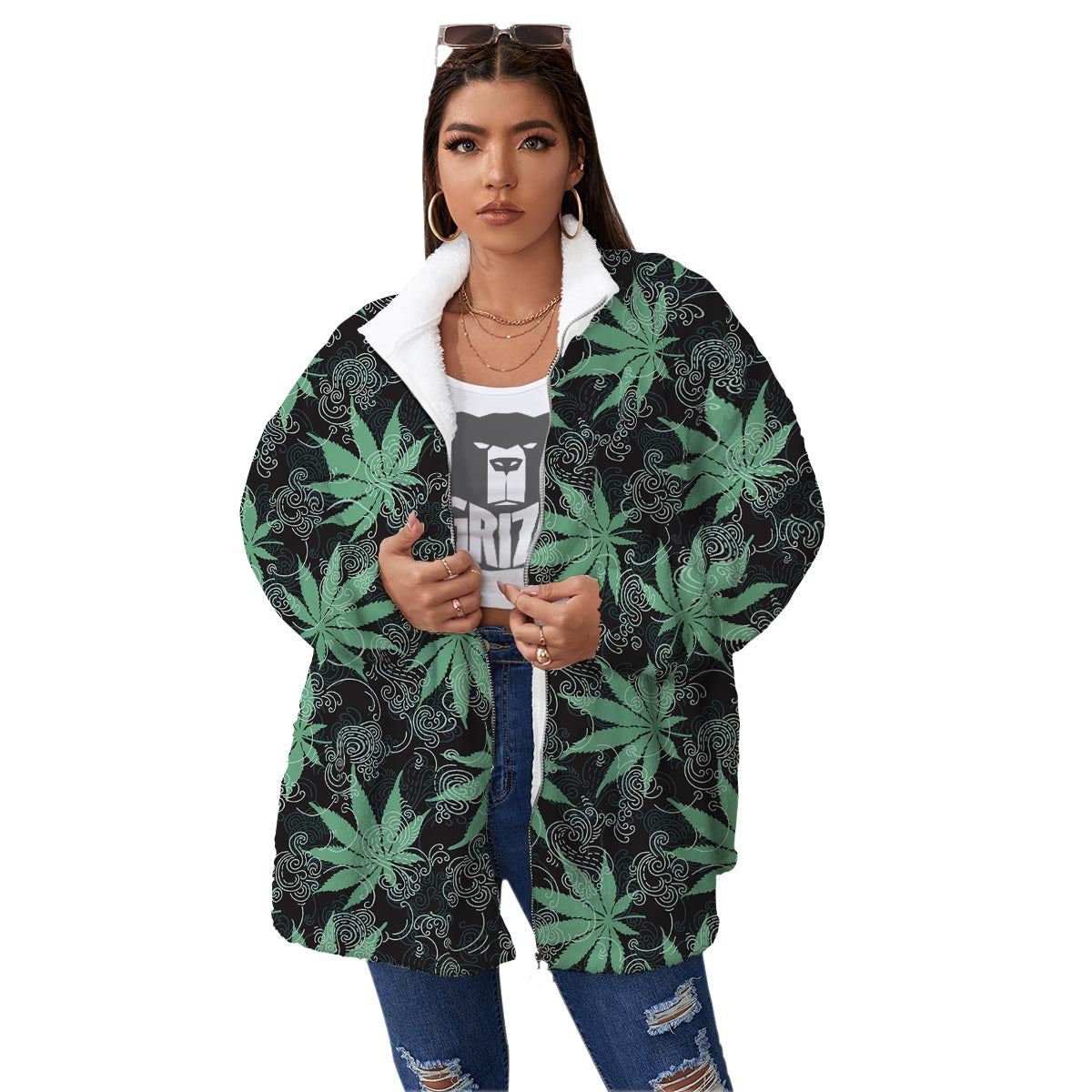 Leaf Swirl Cannabis Print Pattern Women's Sherpa Jacket-grizzshop