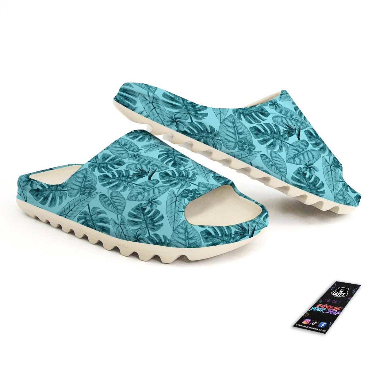 Leaf Flower Teal Hawaiian Print Pattern Sandals-grizzshop