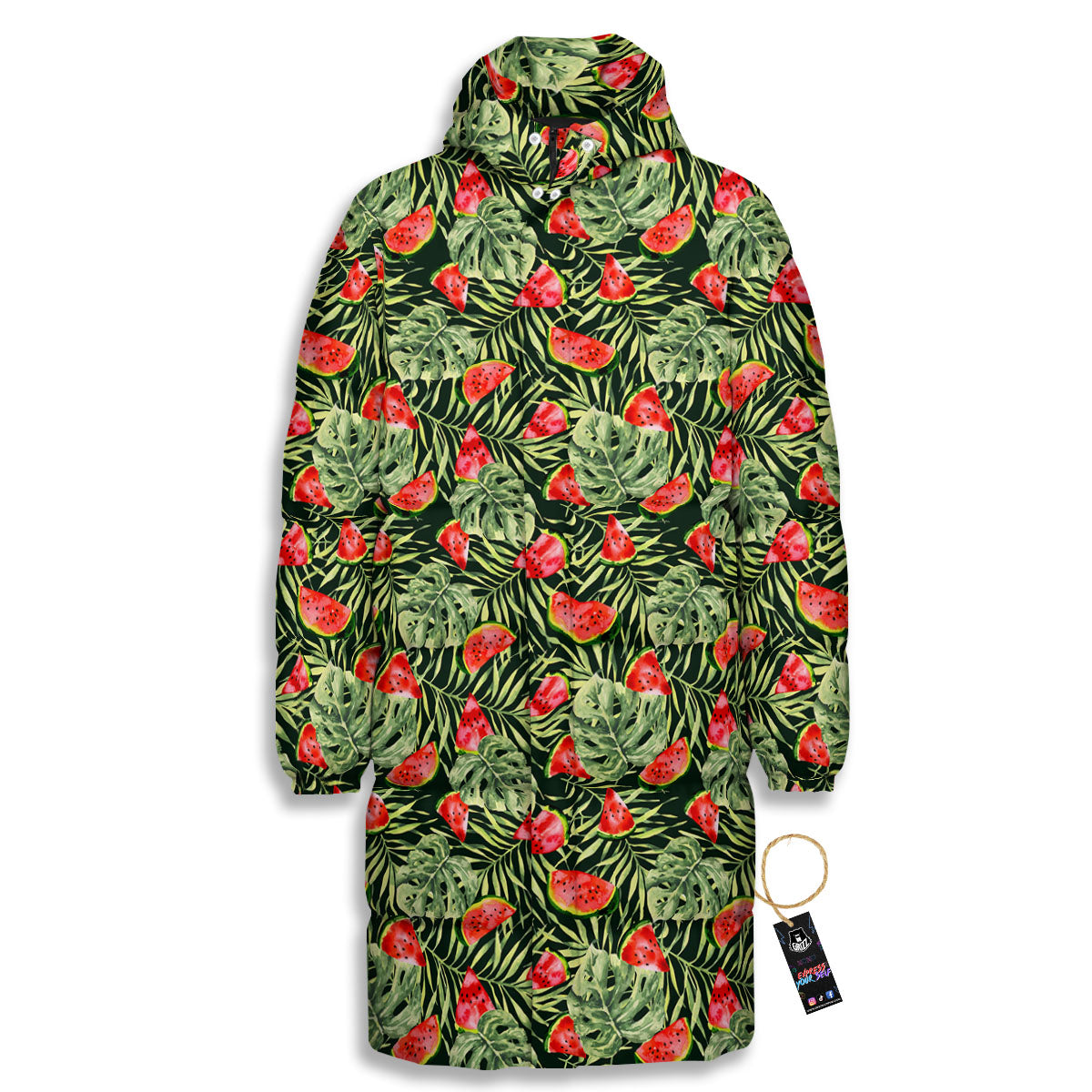 Leaf Palm Watermelon Black Print Pattern Long Down Jacket