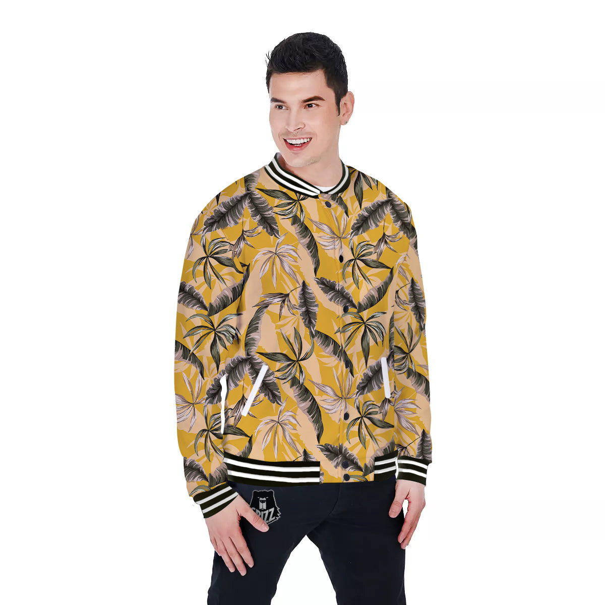 Leaves Monstera Yellow Print Pattern Baseball Jacket-grizzshop