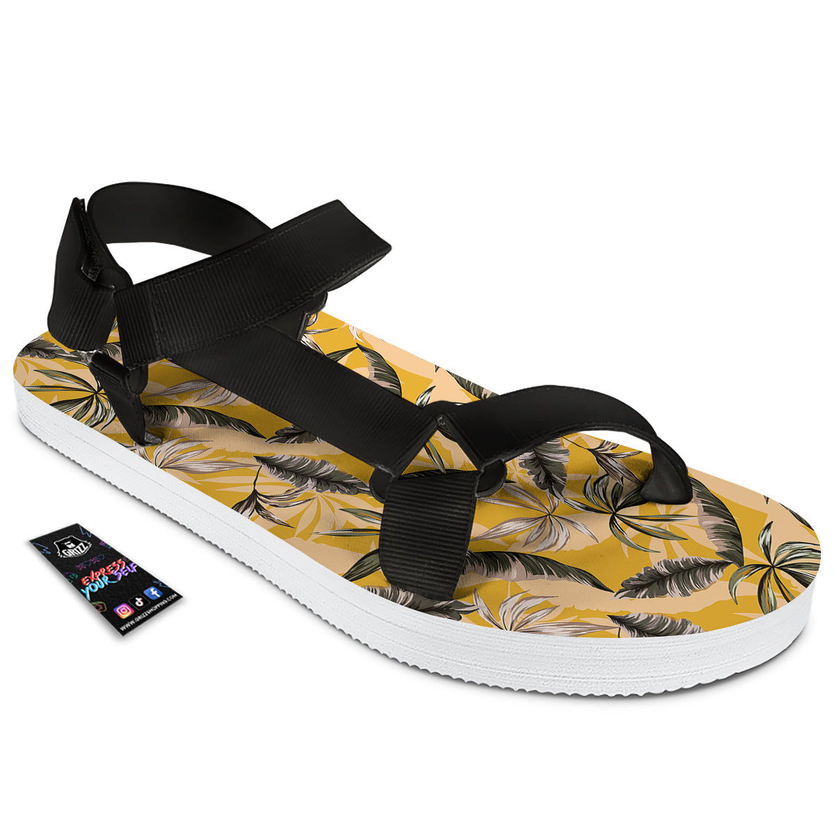 Leaves Monstera Yellow Print Pattern Black Open Toe Sandals-grizzshop