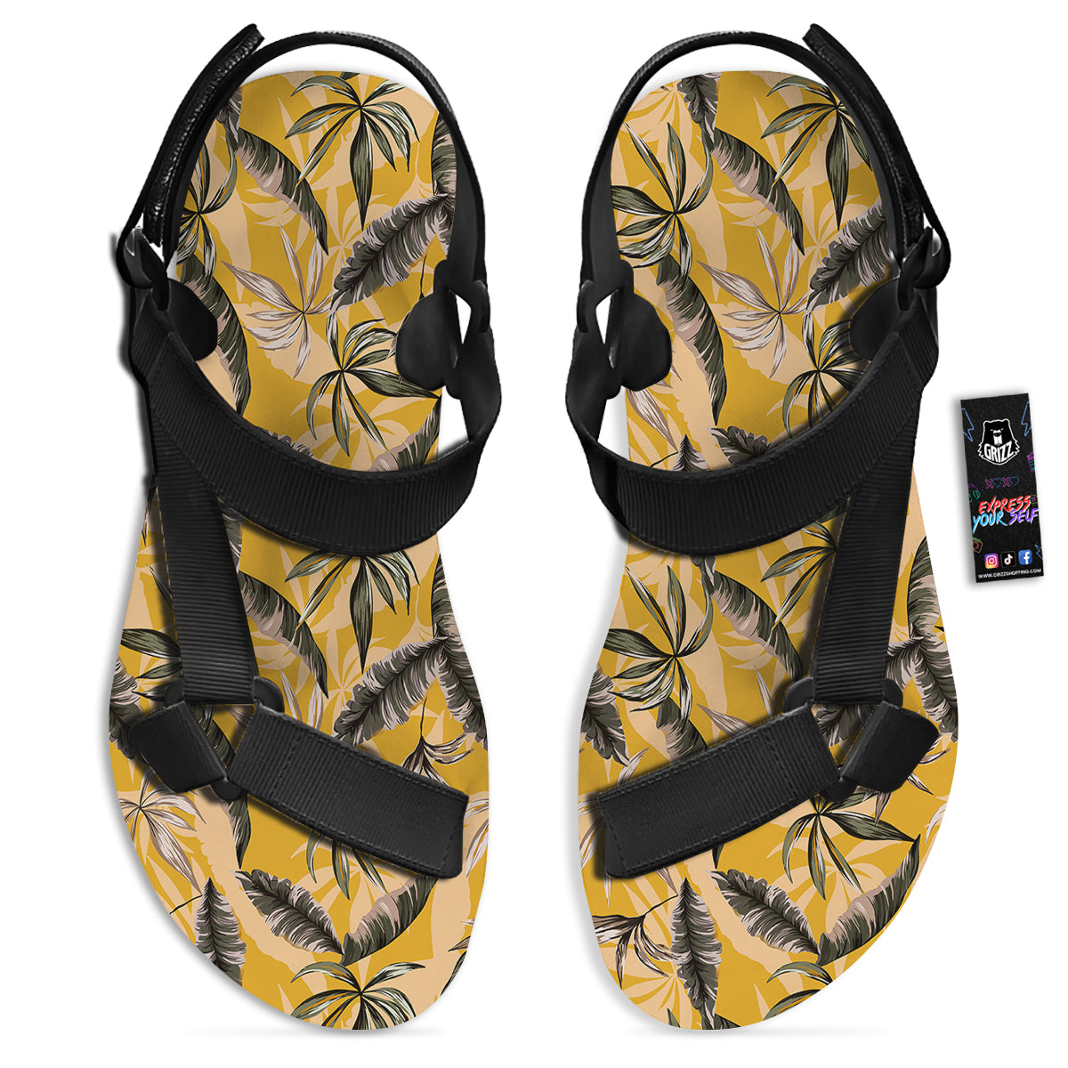 Leaves Monstera Yellow Print Pattern Black Open Toe Sandals-grizzshop