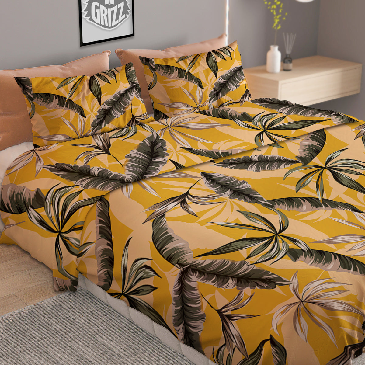 Leaves Monstera Yellow Print Pattern Duvet Cover Bedding Set