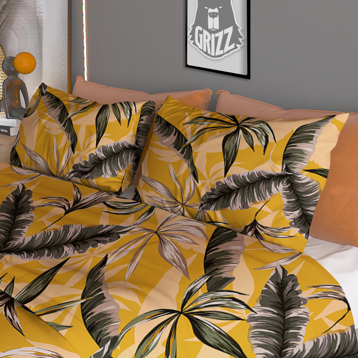 Leaves Monstera Yellow Print Pattern Duvet Cover Bedding Set