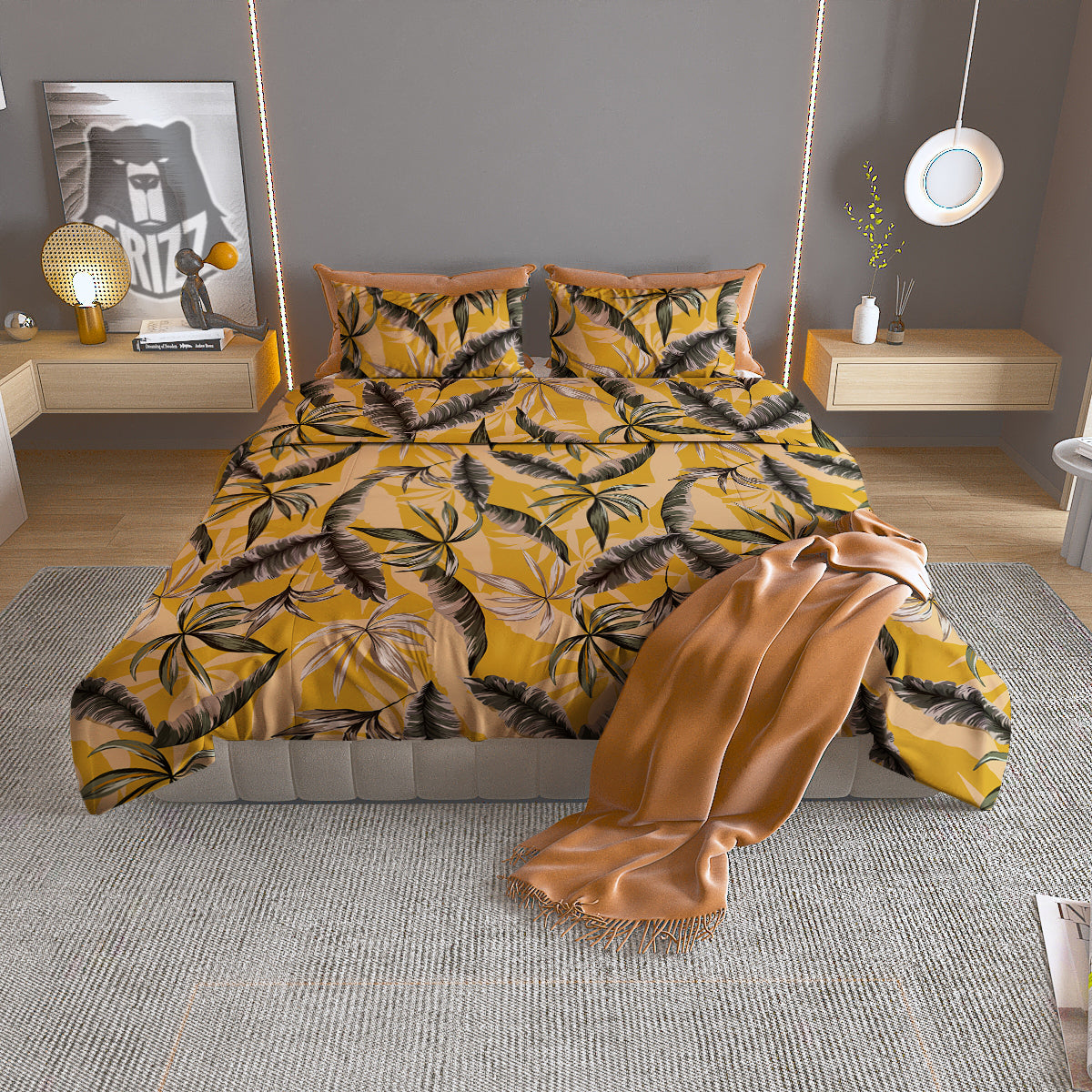 Leaves Monstera Yellow Print Pattern Duvet Cover Bedding Set