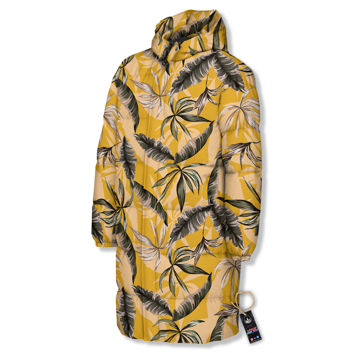 Leaves Monstera Yellow Print Pattern Long Down Jacket-grizzshop