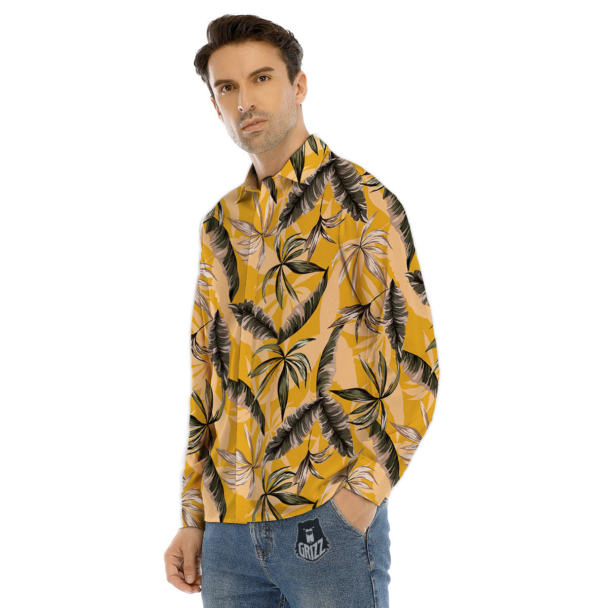 Leaves Monstera Yellow Print Pattern Men's Dress Shirts-grizzshop
