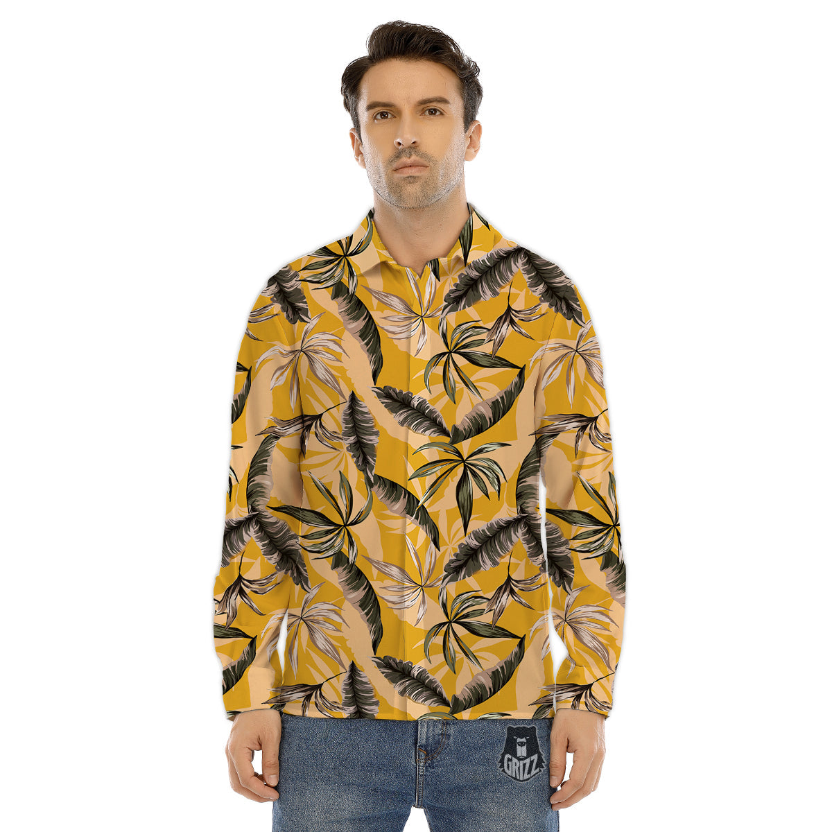 Leaves Monstera Yellow Print Pattern Men's Dress Shirts-grizzshop