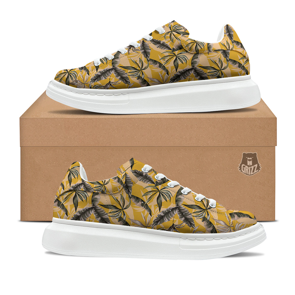 Leaves Monstera Yellow Print Pattern Platform Shoes-grizzshop