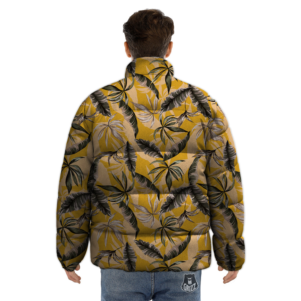 Leaves Monstera Yellow Print Pattern Puffer Jacket-grizzshop