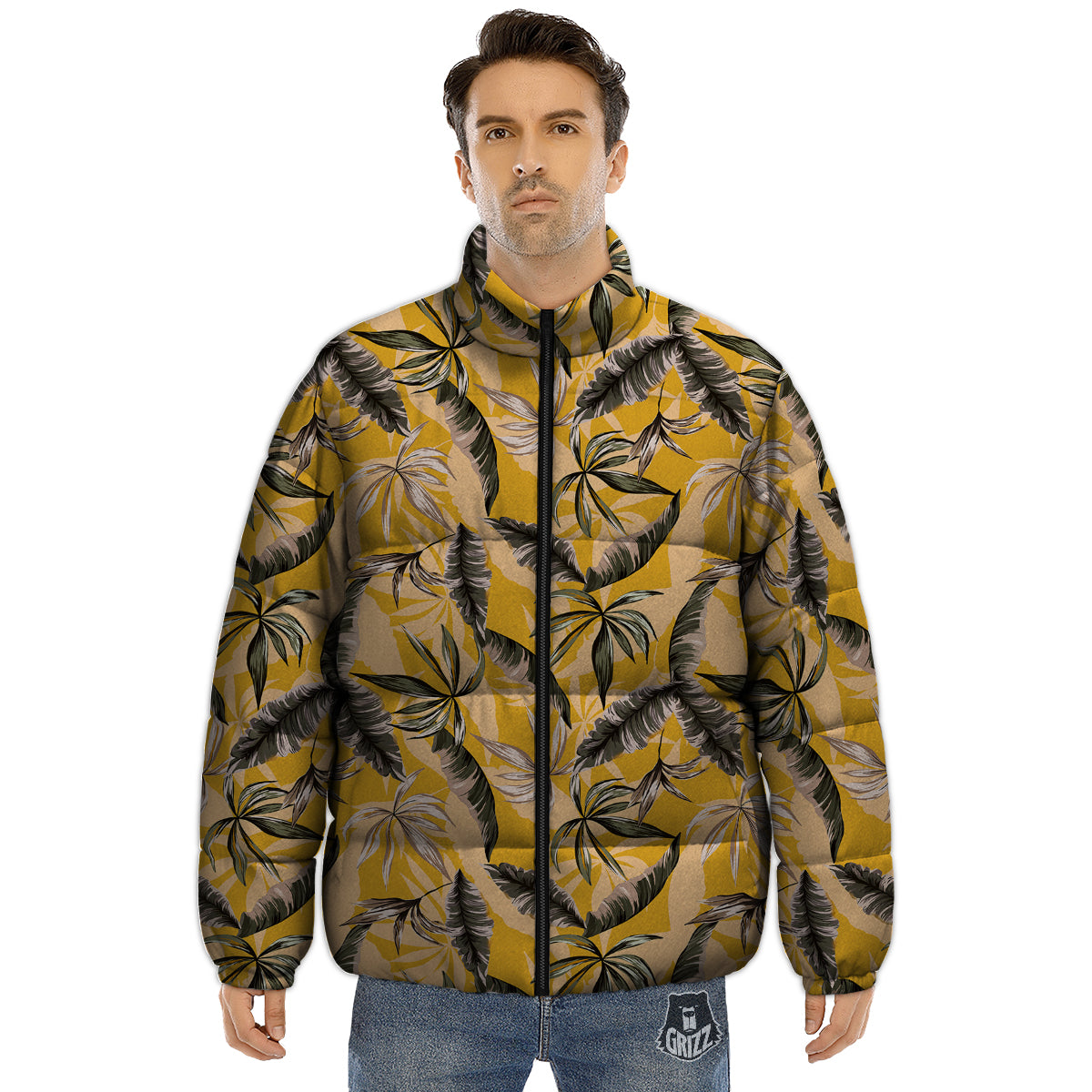 Leaves Monstera Yellow Print Pattern Puffer Jacket-grizzshop
