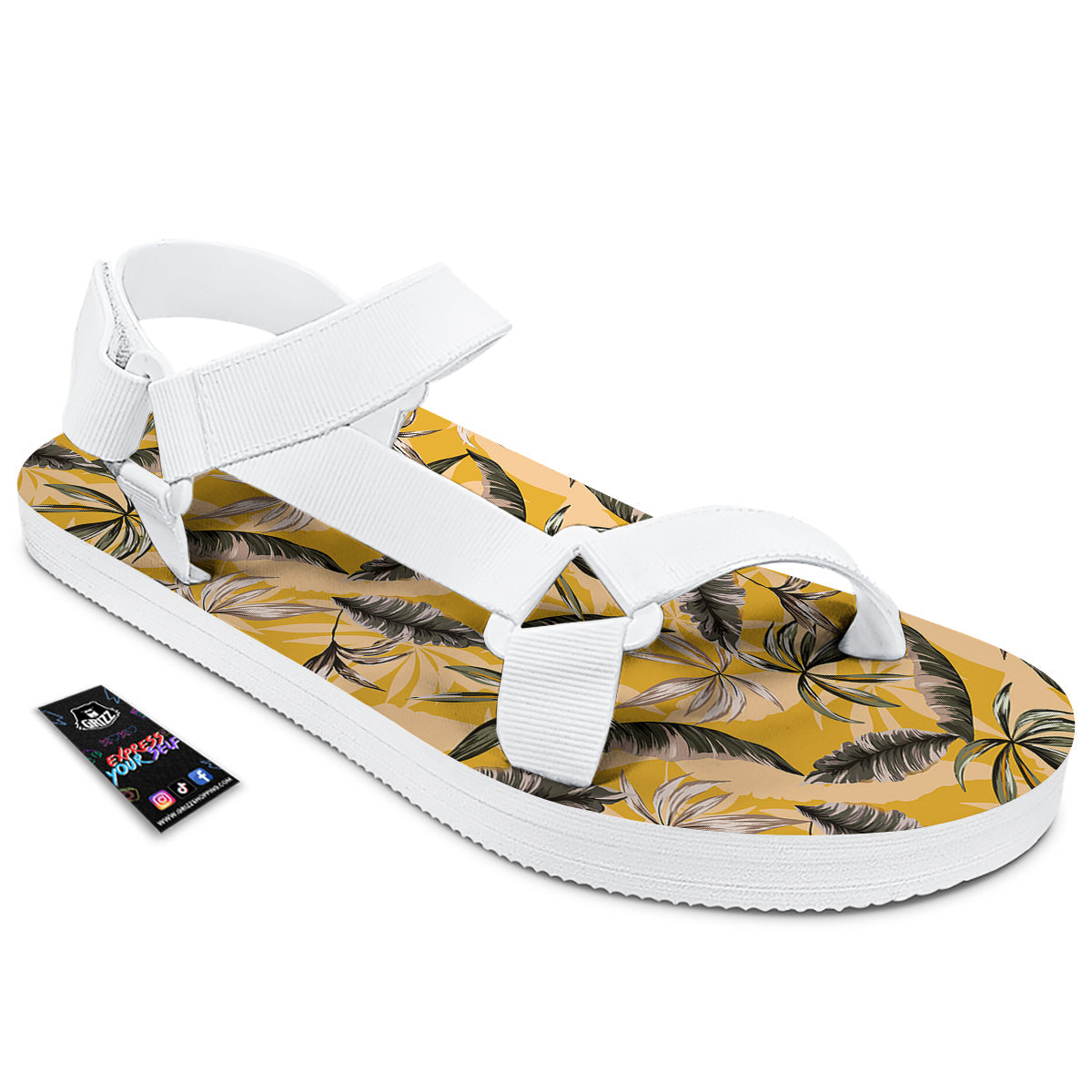 Leaves Monstera Yellow Print Pattern White Open Toe Sandals-grizzshop