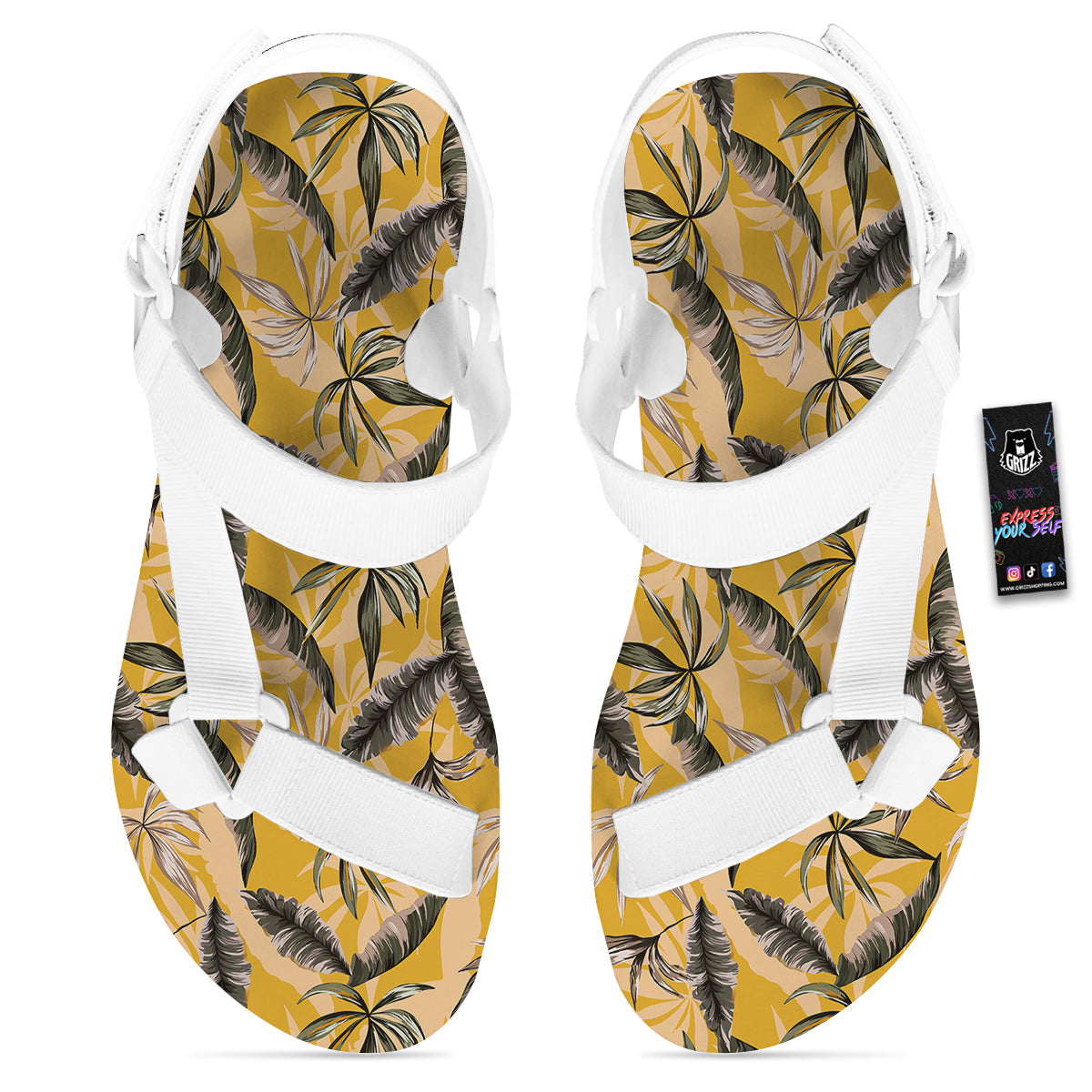Leaves Monstera Yellow Print Pattern White Open Toe Sandals-grizzshop