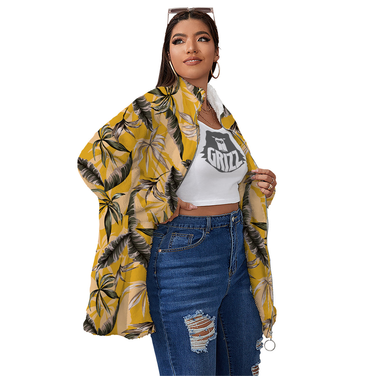 Leaves Monstera Yellow Print Pattern Women's Sherpa Jacket-grizzshop