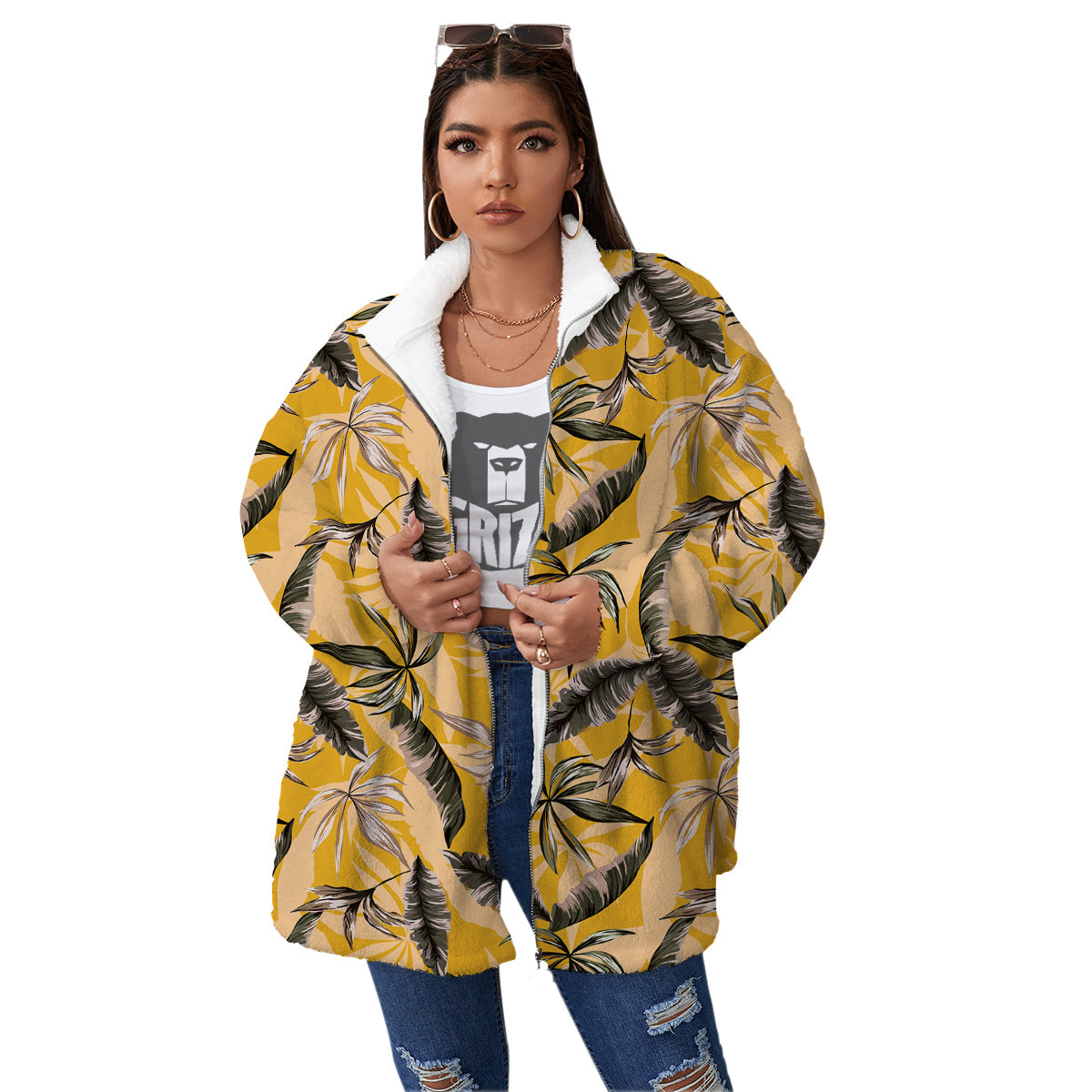 Leaves Monstera Yellow Print Pattern Women's Sherpa Jacket-grizzshop