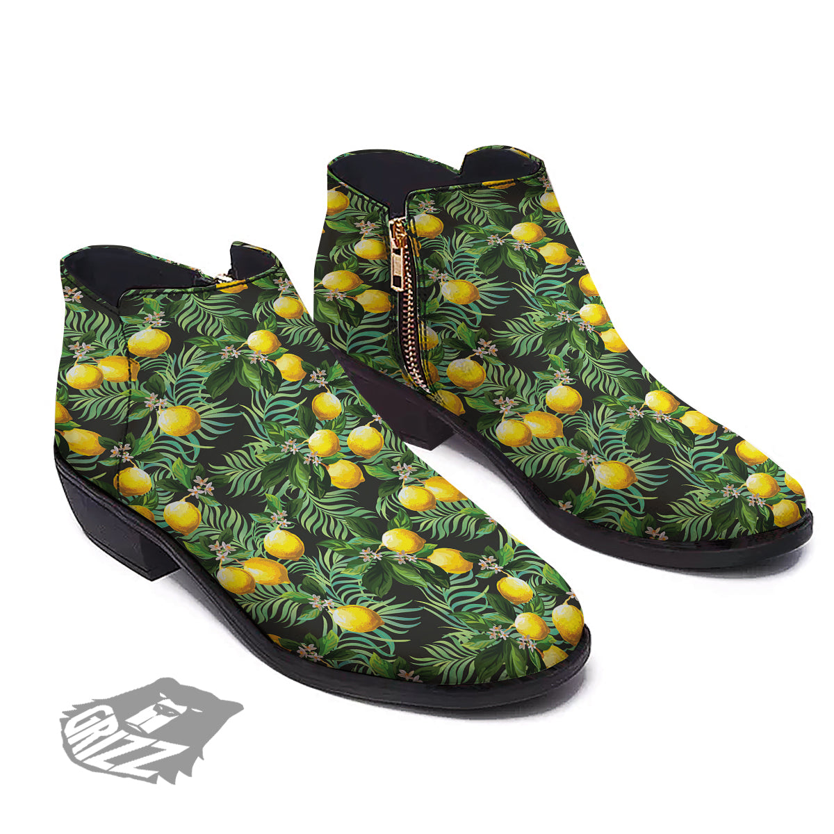 Lemon Tropical Print Pattern Ankle Boots-grizzshop