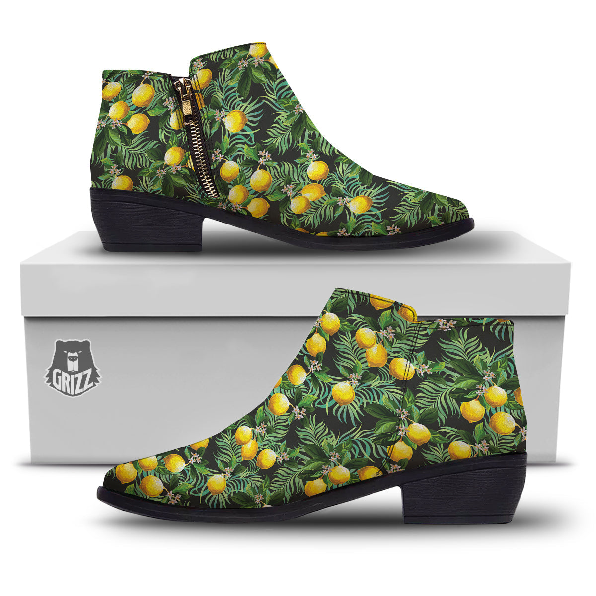 Lemon Tropical Print Pattern Ankle Boots-grizzshop