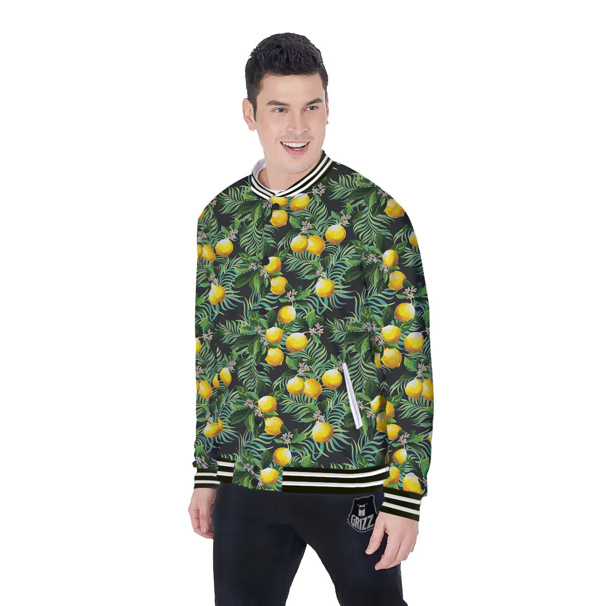 Lemon Tropical Print Pattern Baseball Jacket-grizzshop