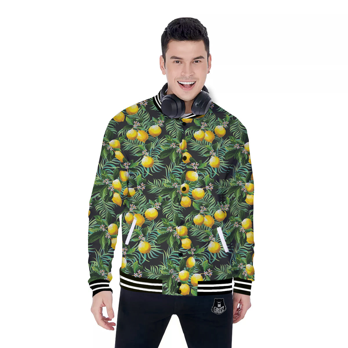 Lemon Tropical Print Pattern Baseball Jacket-grizzshop