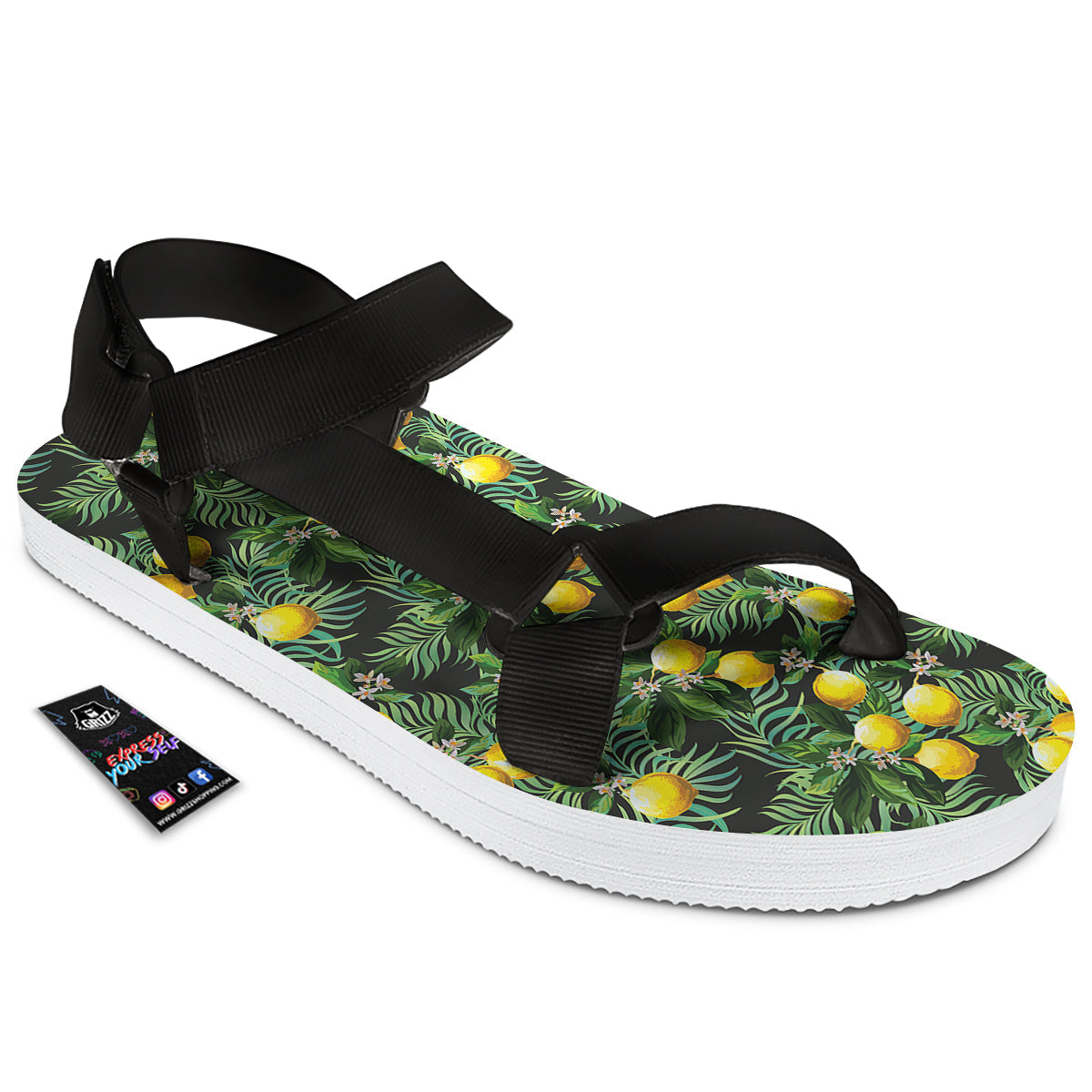 Lemon Tropical Print Pattern Black Open Toe Sandals-grizzshop
