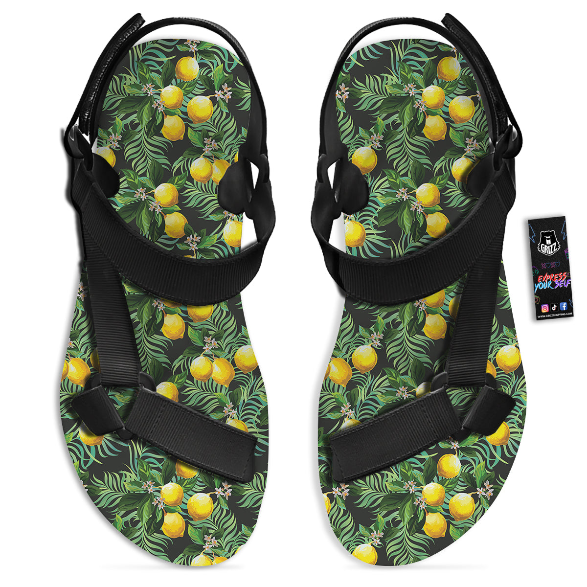 Lemon Tropical Print Pattern Black Open Toe Sandals-grizzshop