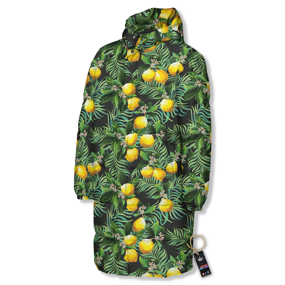 Lemon Tropical Print Pattern Long Down Jacket-grizzshop