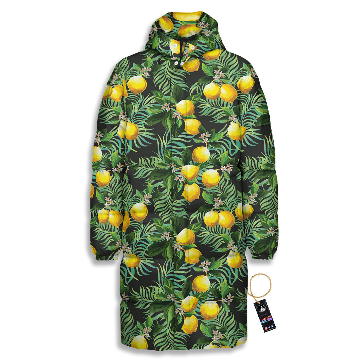 Lemon Tropical Print Pattern Long Down Jacket-grizzshop