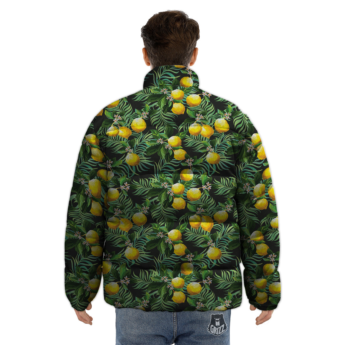Lemon Tropical Print Pattern Puffer Jacket-grizzshop