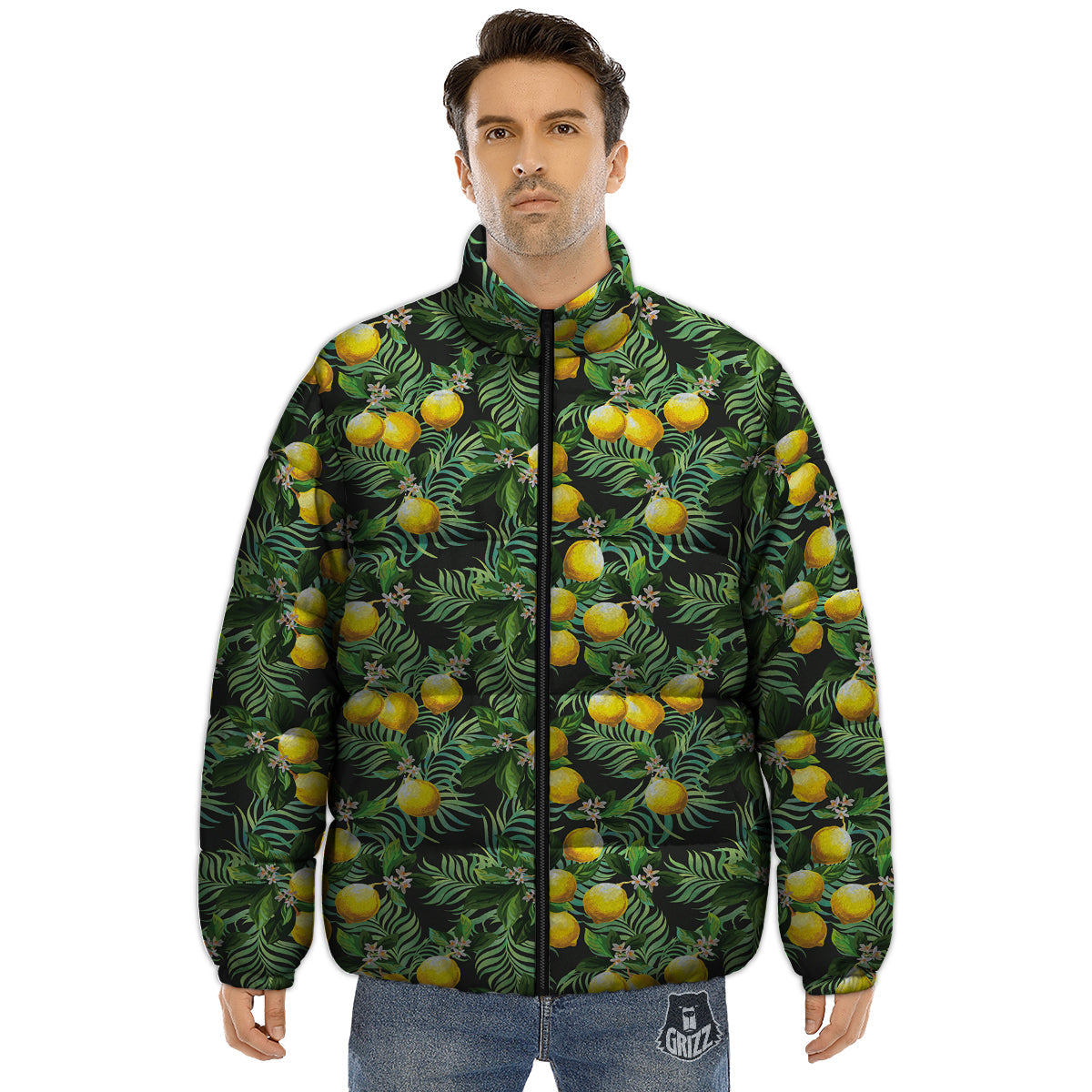 Lemon Tropical Print Pattern Puffer Jacket-grizzshop