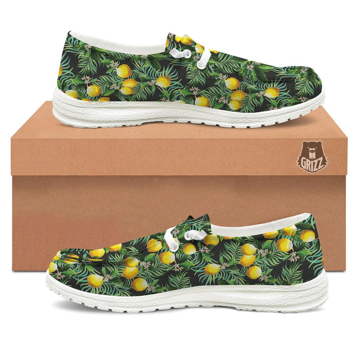 Lemon Tropical Print Pattern White Loafers-grizzshop
