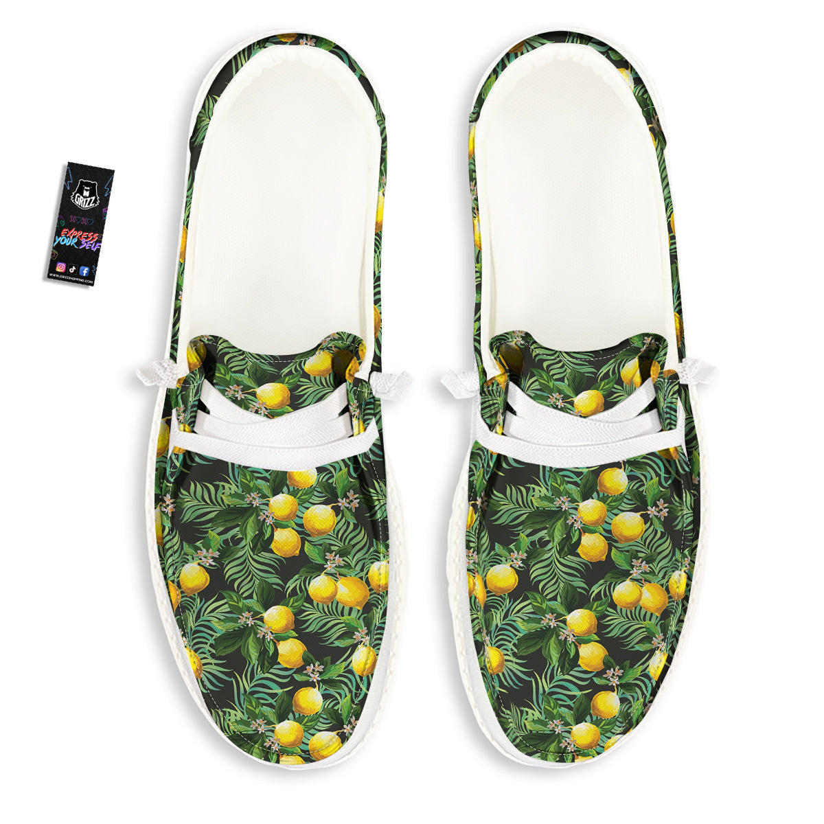Lemon Tropical Print Pattern White Loafers-grizzshop