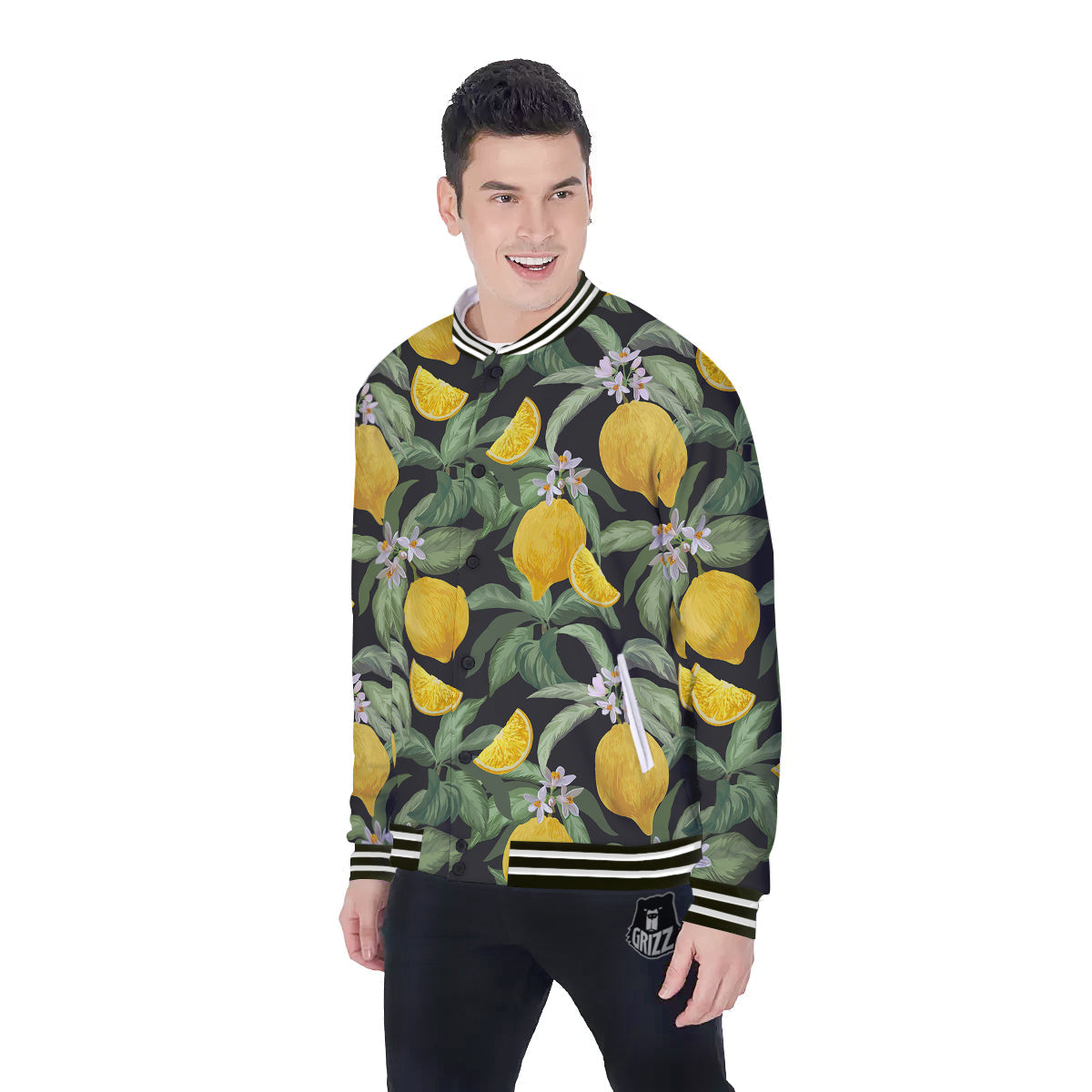 Lemon Yellow Print Pattern Baseball Jacket-grizzshop