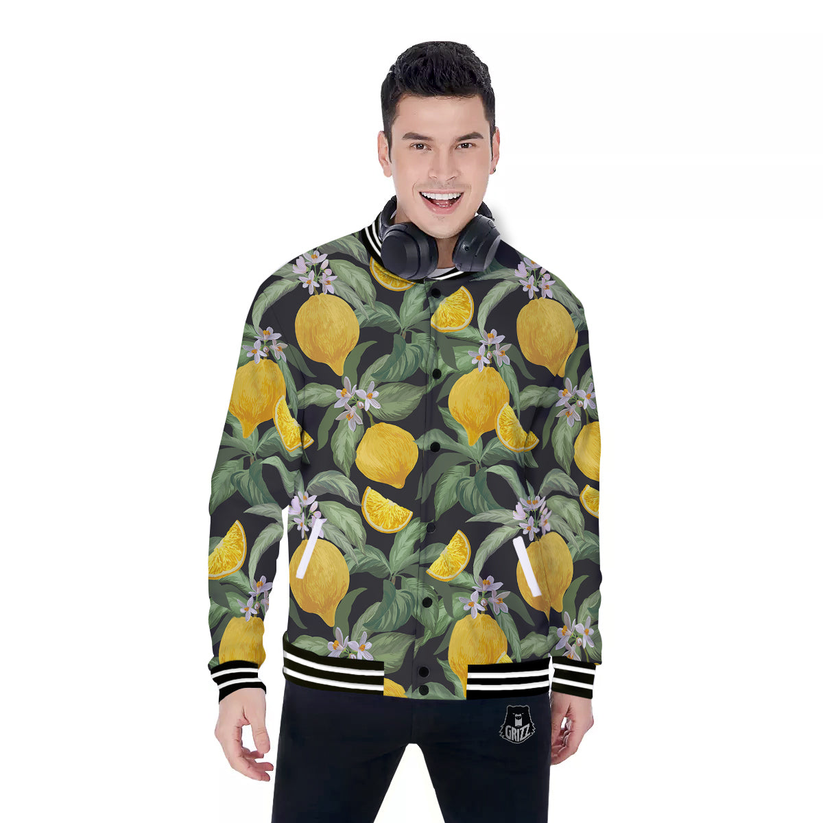 Lemon Yellow Print Pattern Baseball Jacket-grizzshop