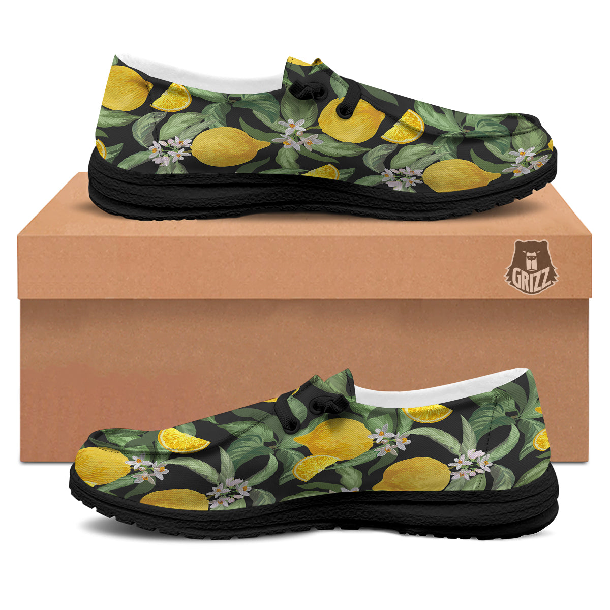 Lemon Yellow Print Pattern Black Loafers-grizzshop