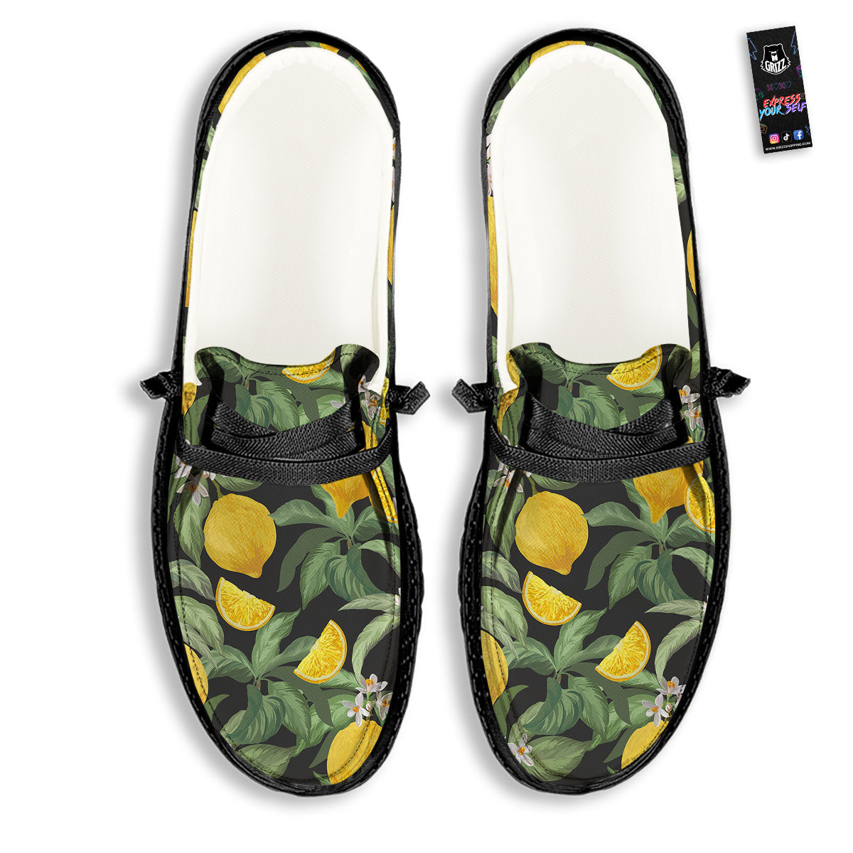 Lemon Yellow Print Pattern Black Loafers-grizzshop