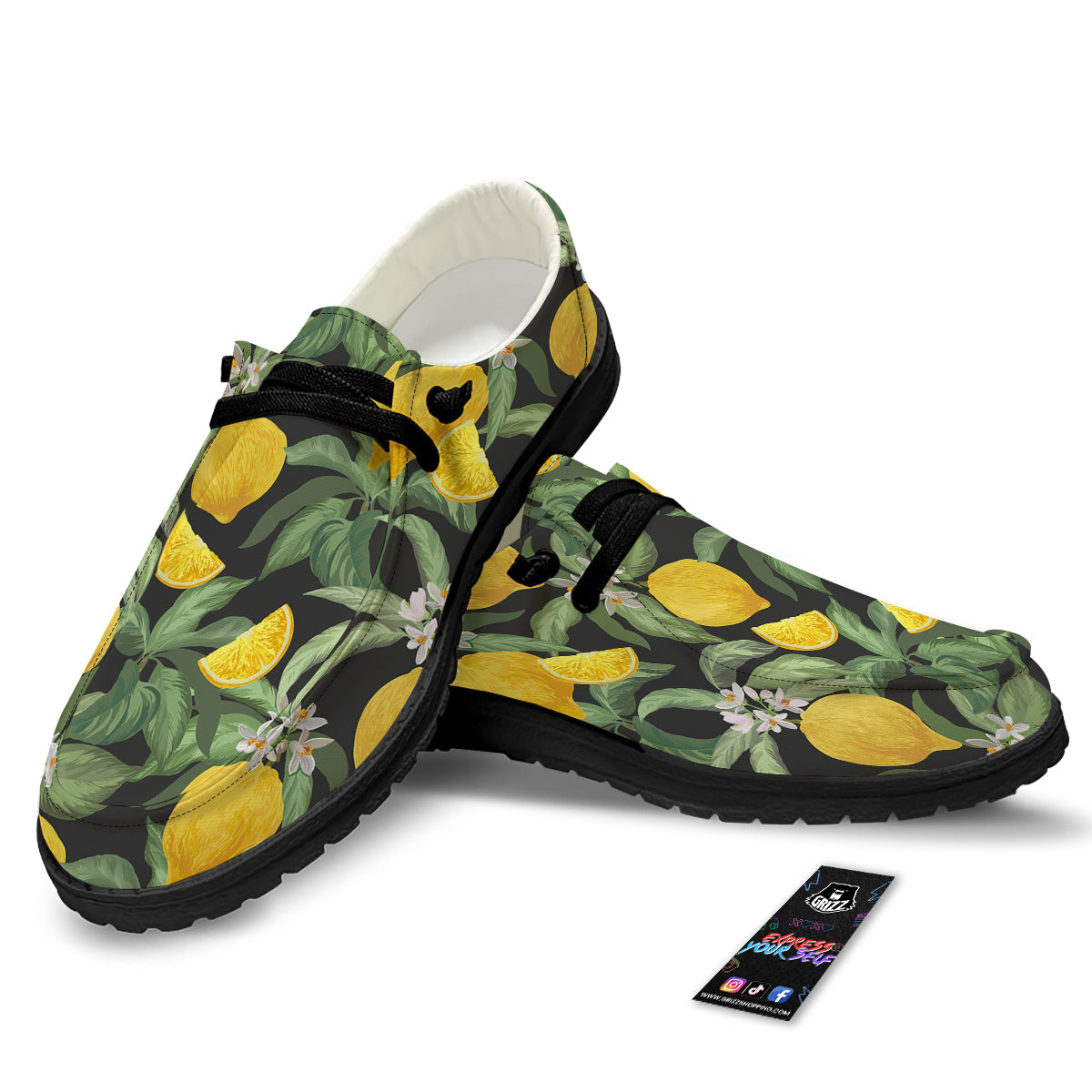 Lemon Yellow Print Pattern Black Loafers-grizzshop