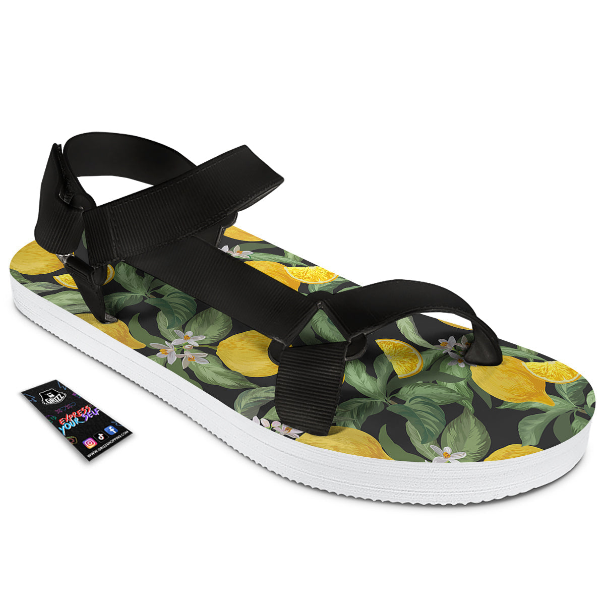 Lemon Yellow Print Pattern Black Open Toe Sandals-grizzshop