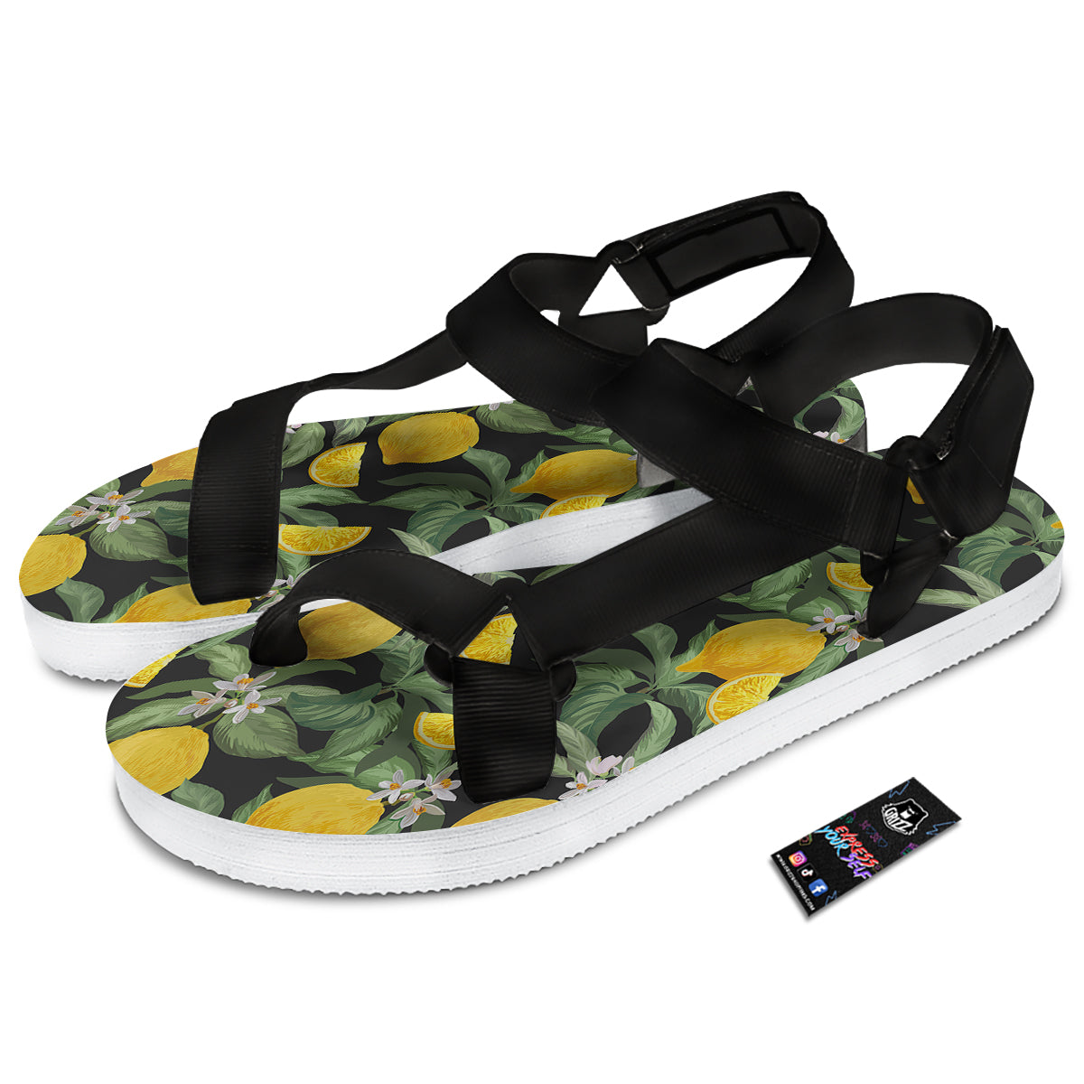 Lemon Yellow Print Pattern Black Open Toe Sandals-grizzshop