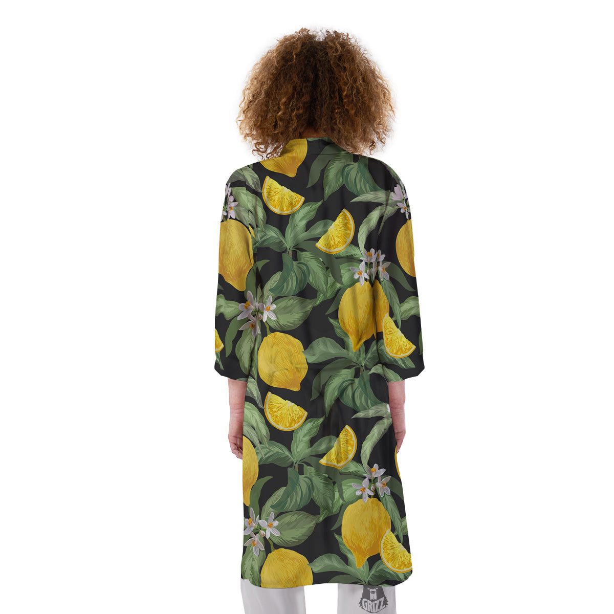 Lemon Yellow Print Pattern Kimono-grizzshop