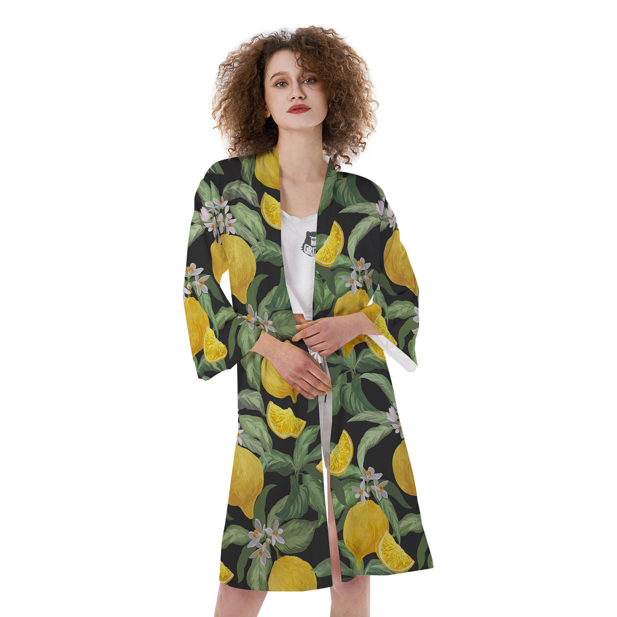Lemon Yellow Print Pattern Kimono-grizzshop